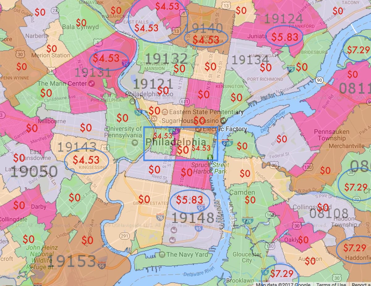 Philadelphia, ak nan ki antoure zòn kat jeyografik